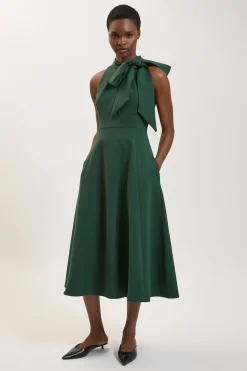 KarenMillen Robe midi à jupe complète en stretch compact avec nœud au col<Femme Robes|Robes Mi-Longues