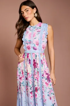 Robe Midi À Jupe Plissée Imprimée Avec Finitions En Dentelle