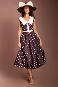 Coast Robe Midi Lisa En Crêpe À Col V Et Pois Beige<Femme Looks Chocolat|Robes Mi-Longues