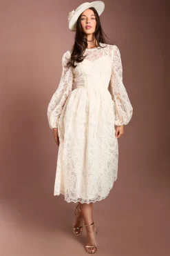 Robe Midi Lisa En Organza Brodé Avec Manches Tan
