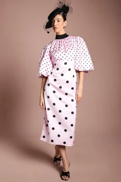 Coast Robe Midi Lisa En Satin À Pois Avec Manches Bouffantes Et Col Montant Tan<Femme Robes Mi-Longues|Satin Et Dentelle