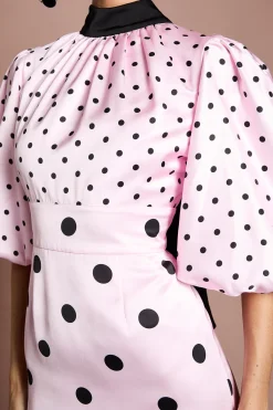 Coast Robe Midi Lisa En Satin À Pois Avec Manches Bouffantes Et Col Montant Tan<Femme Robes Mi-Longues|Satin Et Dentelle