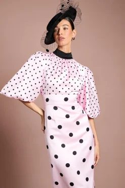Coast Robe Midi Lisa En Satin À Pois Avec Manches Bouffantes Et Col Montant Tan<Femme Robes Mi-Longues|Satin Et Dentelle