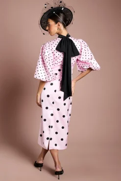 Coast Robe Midi Lisa En Satin À Pois Avec Manches Bouffantes Et Col Montant Tan<Femme Robes Mi-Longues|Satin Et Dentelle