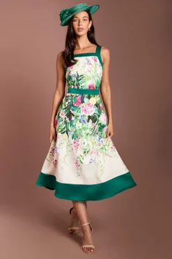 Robe Midi Lisa À Imprimé Floral Cascade Col Licou Coloris Tan