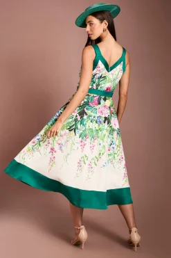 Robe Midi Lisa À Imprimé Floral Cascade Col Licou Coloris Tan