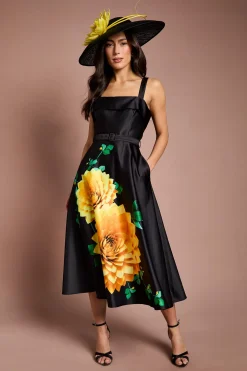Robe Midi Lisa À Imprimé Floral Positionné Avec Ceinture Beige