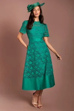 Coast Robe Midi Lisa À Manches Courtes En Dentelle Tan Avec Finitions En Satin<Femme Robes Mi-Longues|Satin Et Dentelle