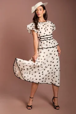 Robe Midi Lisa À Pois Beige Avec Manches Courtes Bouffantes
