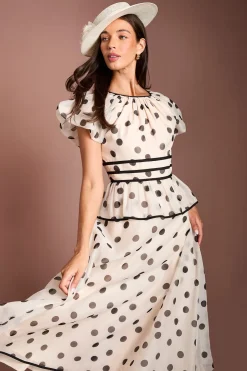 Robe Midi Lisa À Pois Beige Avec Manches Courtes Bouffantes