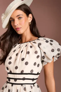 Robe Midi Lisa À Pois Beige Avec Manches Courtes Bouffantes