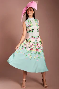 Coast Robe Midi Lisa Tan Avec Imprimé Floral Positionné Et Finitions En Dentelle<Femme Robes Mi-Longues|Satin Et Dentelle