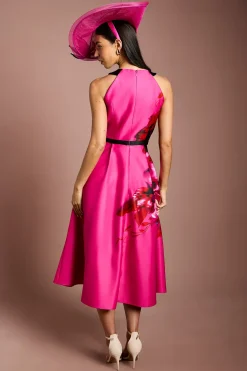 Robe Midi Lisa Tan À Col Licou Avec Grand Imprimé Floral Et Jupe Ample