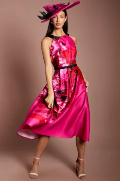 Robe Midi Lisa Tan À Col Licou Avec Grand Imprimé Floral Et Jupe Ample