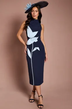 Robe Midi Lisa Tan Col Montant À Motif Floral Placé