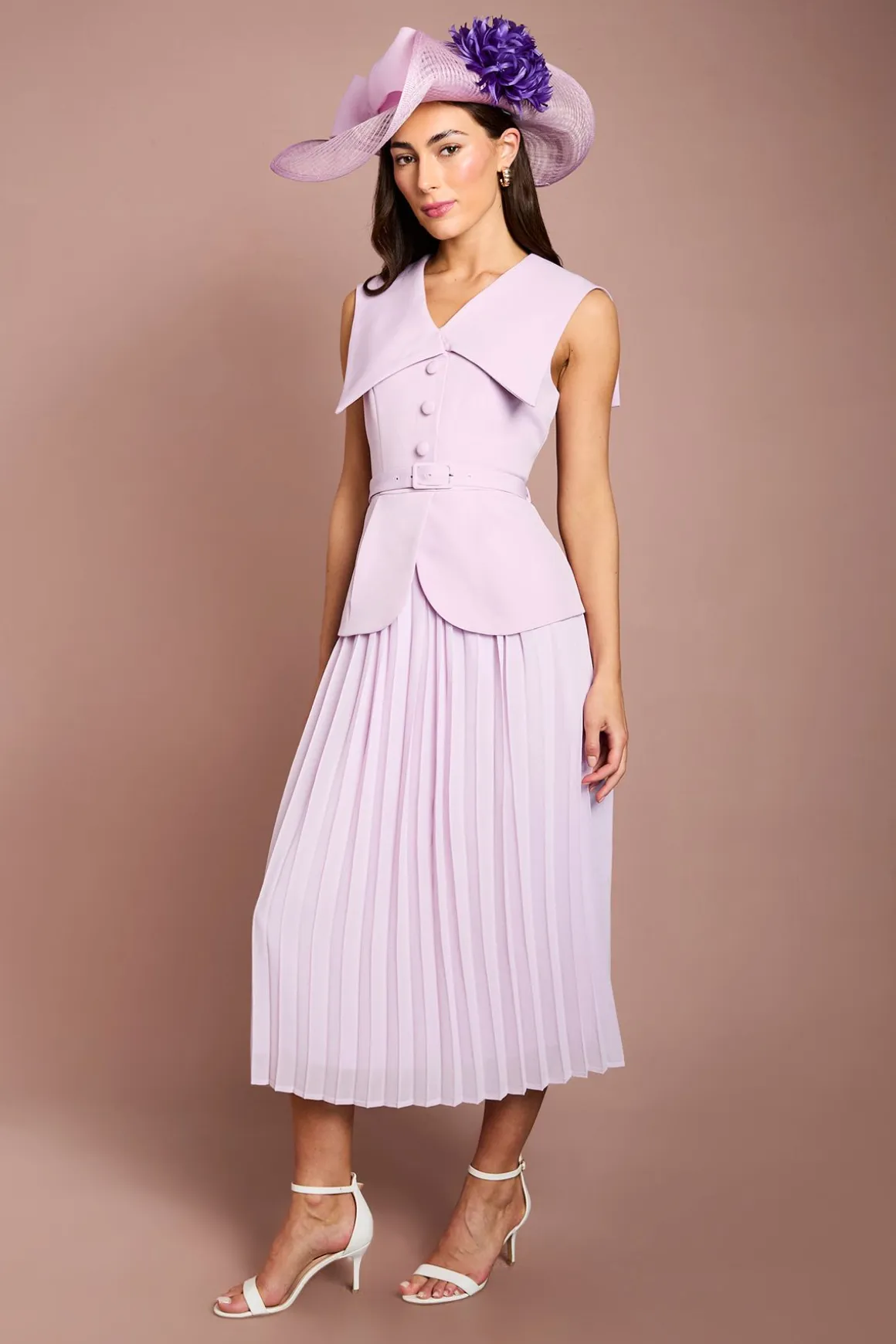Robe Midi Lisa Tan À Col Tailleur Et Corsage Style Gilet En Crêpe