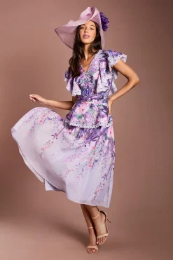 Robe Midi Lisa Tan À Col V Et Volants Aux Épaules