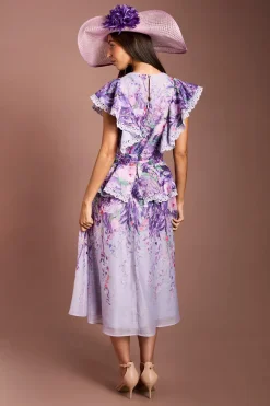Robe Midi Lisa Tan À Col V Et Volants Aux Épaules