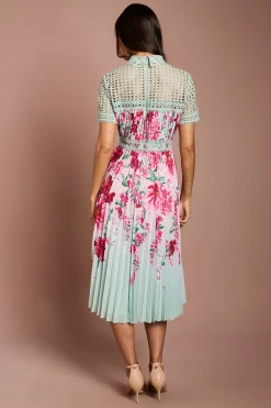 Robe Midi Lisa Tan en Dentelle Plissée Imprimée