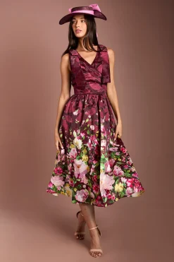 Robe Midi Lisa Tan En Organza Jacquard Imprimé Avec Haut Cache-cœur Et Nœud Aux Épaules
