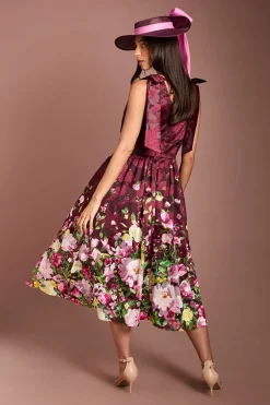 Robe Midi Lisa Tan En Organza Jacquard Imprimé Avec Haut Cache-cœur Et Nœud Aux Épaules