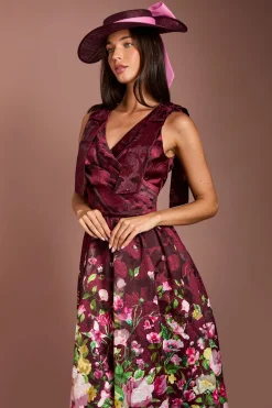 Robe Midi Lisa Tan En Organza Jacquard Imprimé Avec Haut Cache-cœur Et Nœud Aux Épaules