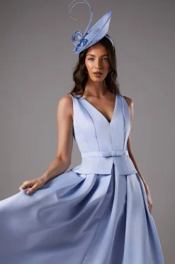 Robe Midi Lisa Tan en Satin Structuré à Basque Plissée