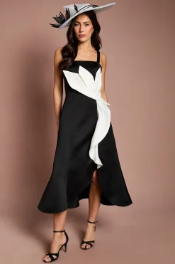 Robe Midi Lisa Tan En Satin Structuré Avec Détail Floral