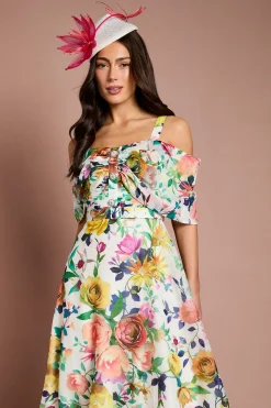 Robe Midi Lisa Tan À Jupe Ample Et Col Bardot