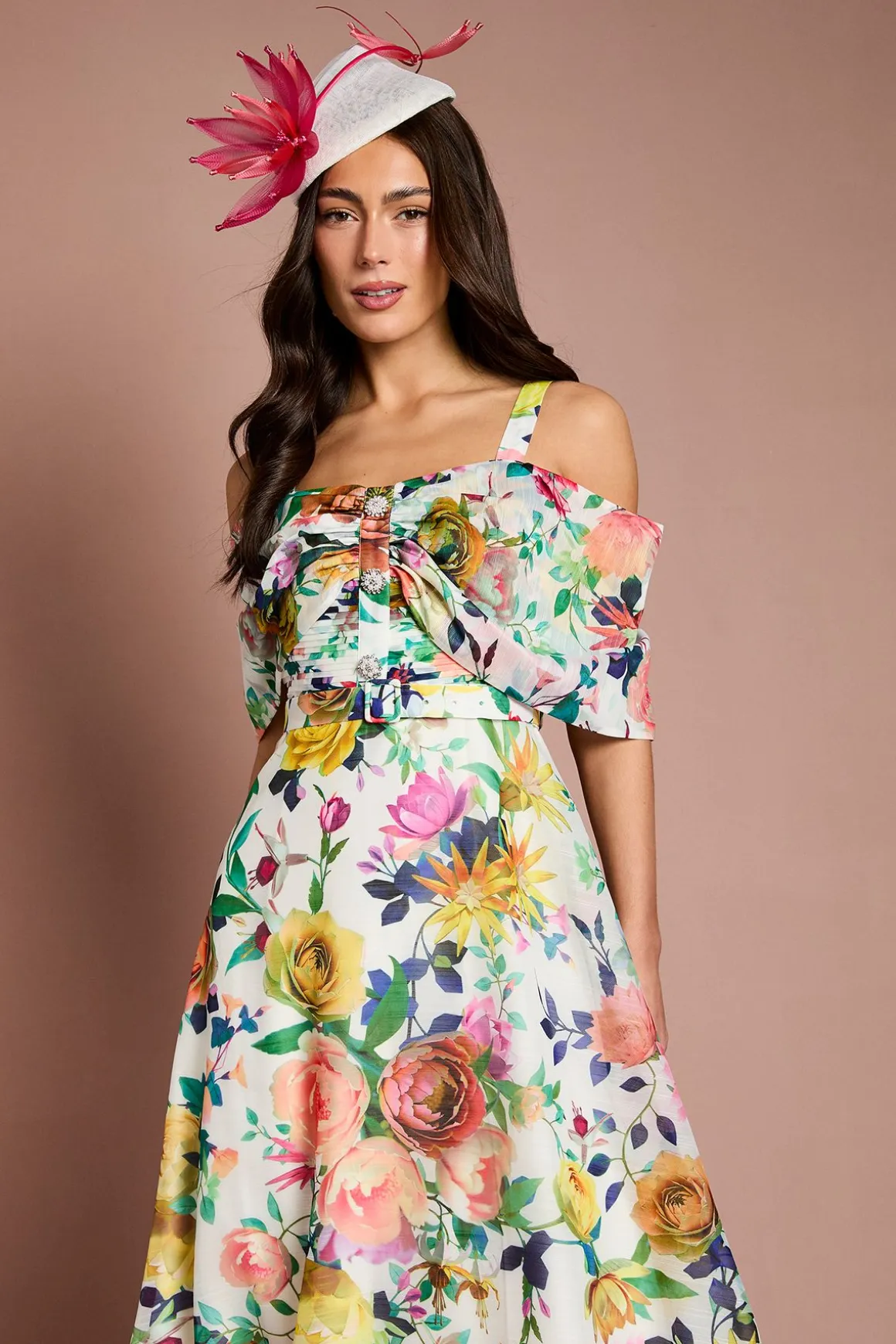 Robe Midi Lisa Tan À Jupe Ample Et Col Bardot