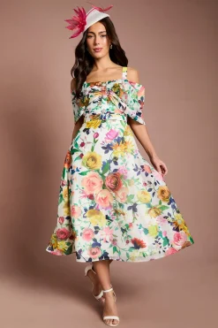 Robe Midi Lisa Tan À Jupe Ample Et Col Bardot