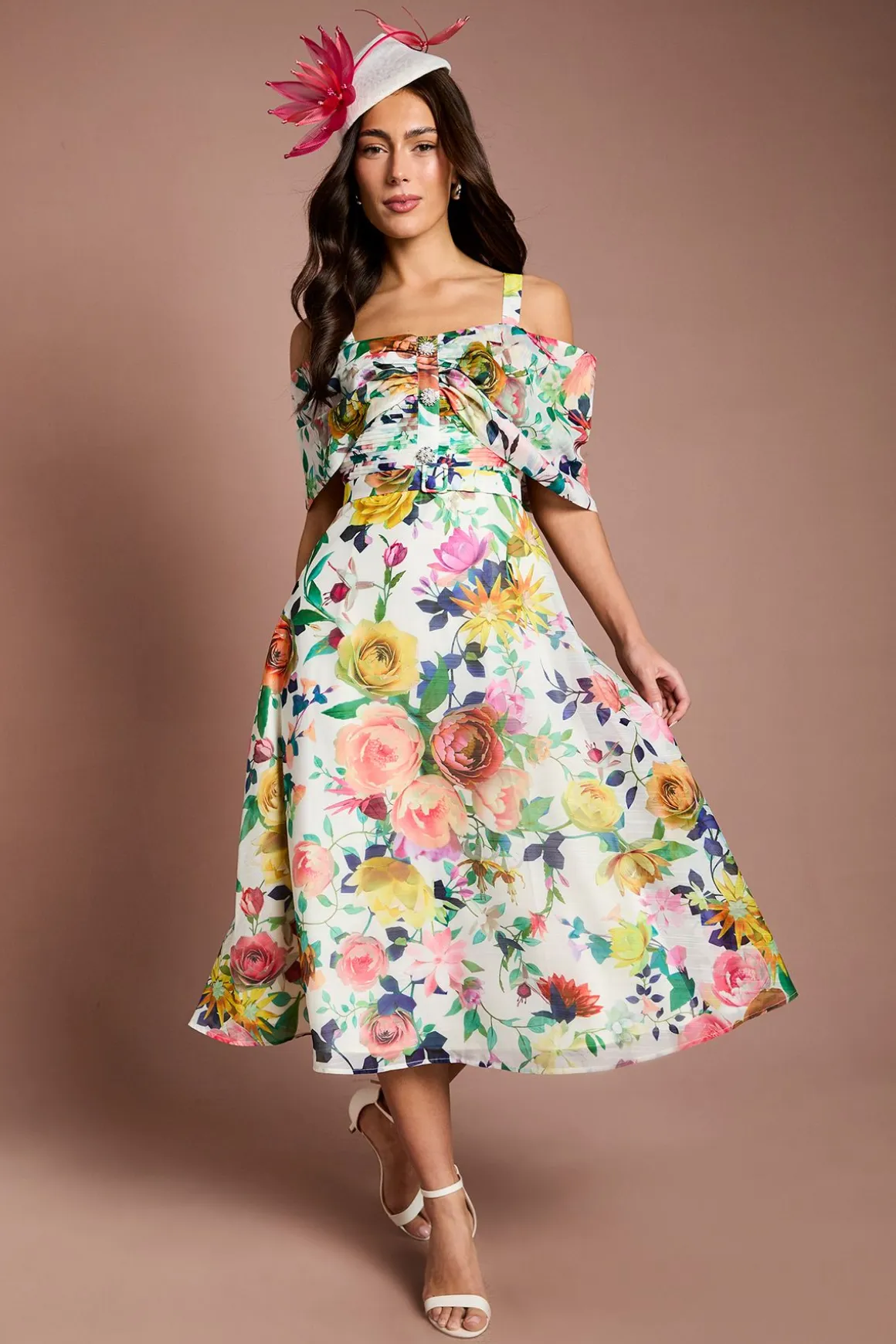 Robe Midi Lisa Tan À Jupe Ample Et Col Bardot