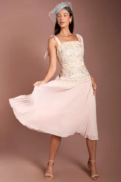 Coast Robe Midi Lisa Tan À Jupe Plissée En Mesh Brodé<Femme Robes|Robes Mi-Longues