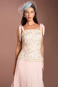 Coast Robe Midi Lisa Tan À Jupe Plissée En Mesh Brodé<Femme Robes|Robes Mi-Longues