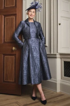 Robe Midi Lisa Tan à Manches Courtes en Jacquard et Jupe Ample