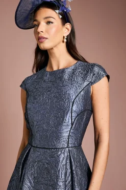Robe Midi Lisa Tan à Manches Courtes en Jacquard et Jupe Ample