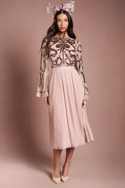 Robe Midi Lisa Tan à Manches Longues Ornée de Nœuds