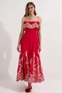 Robe midi longue à appliques brodées et fines bretelles
