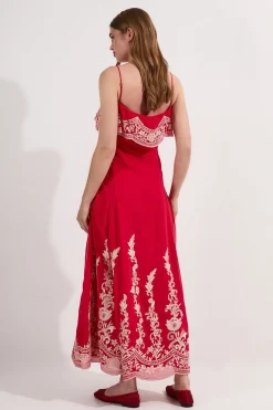 Robe midi longue à appliques brodées et fines bretelles
