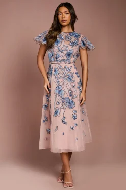 Robe Midi À Manches Ajourées Brodées Florales