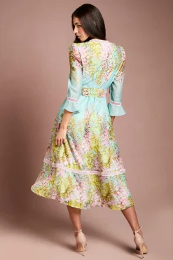 Robe Midi À Manches 3/4 Avec Imprimé Placé Et Finitions En Dentelle