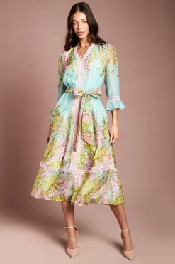 Robe Midi À Manches 3/4 Avec Imprimé Placé Et Finitions En Dentelle