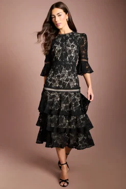 Robe Midi À Manches 3/4 Avec Jupe En Dentelle À Volants Étagés