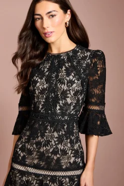 Robe Midi À Manches 3/4 Avec Jupe En Dentelle À Volants Étagés