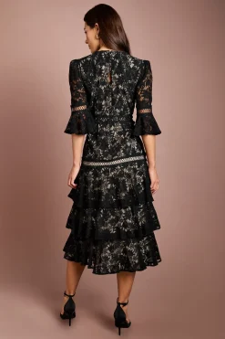 Robe Midi À Manches 3/4 Avec Jupe En Dentelle À Volants Étagés