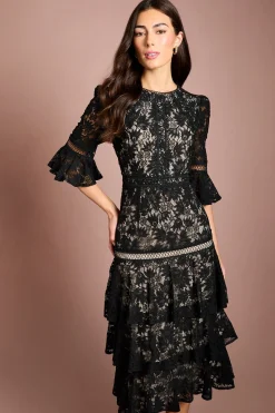 Robe Midi À Manches 3/4 Avec Jupe En Dentelle À Volants Étagés