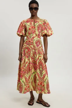 Robe Midi À Manches Ballon En Double Étoffe Et Imprimé Abstrait