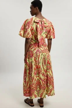 Robe Midi À Manches Ballon En Double Étoffe Et Imprimé Abstrait