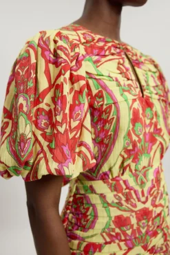 Robe Midi À Manches Ballon En Double Étoffe Et Imprimé Abstrait