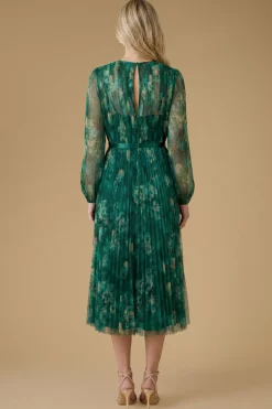 Robe Midi À Manches Ballon En Mesh Fleuri